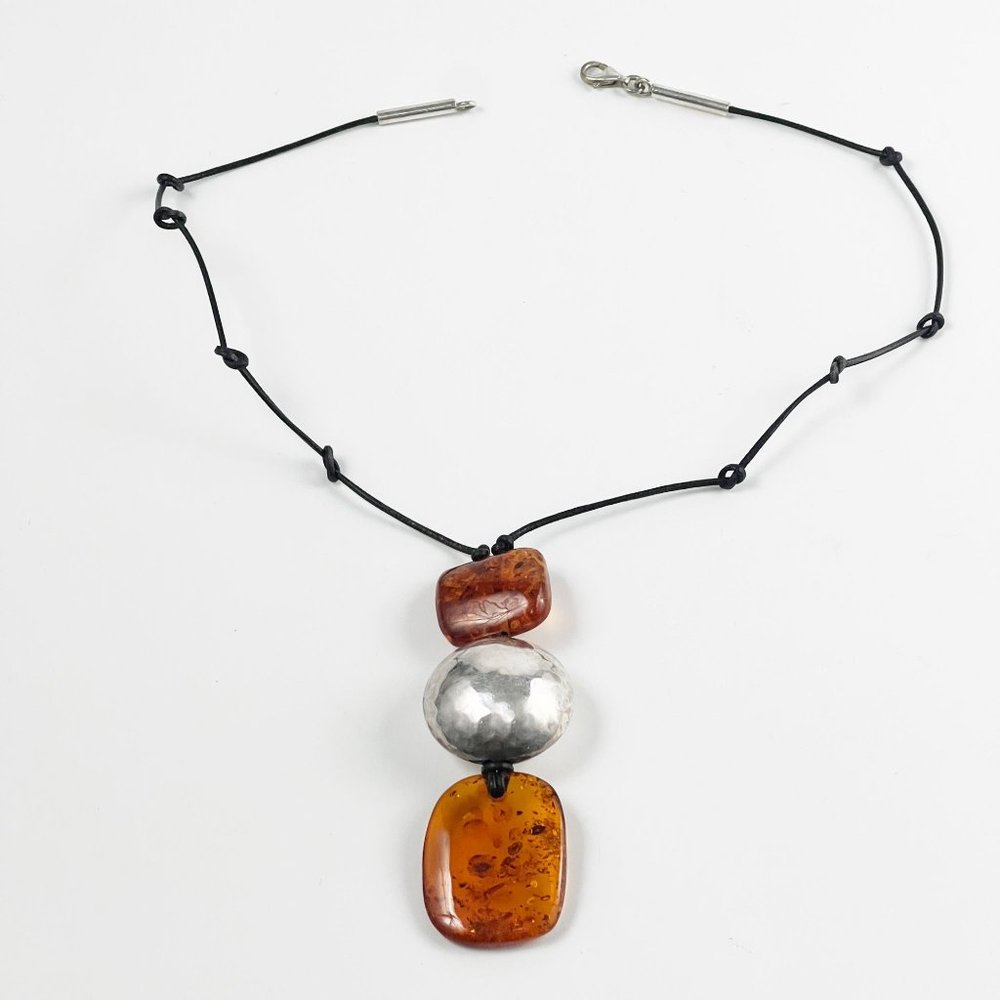 Modernist Honey Amber Beads Sterling Silver Pendant Black Leather Cord Necklace